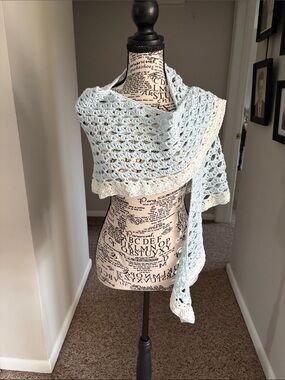 Light Blue Crochet Capelet with Cream Trim